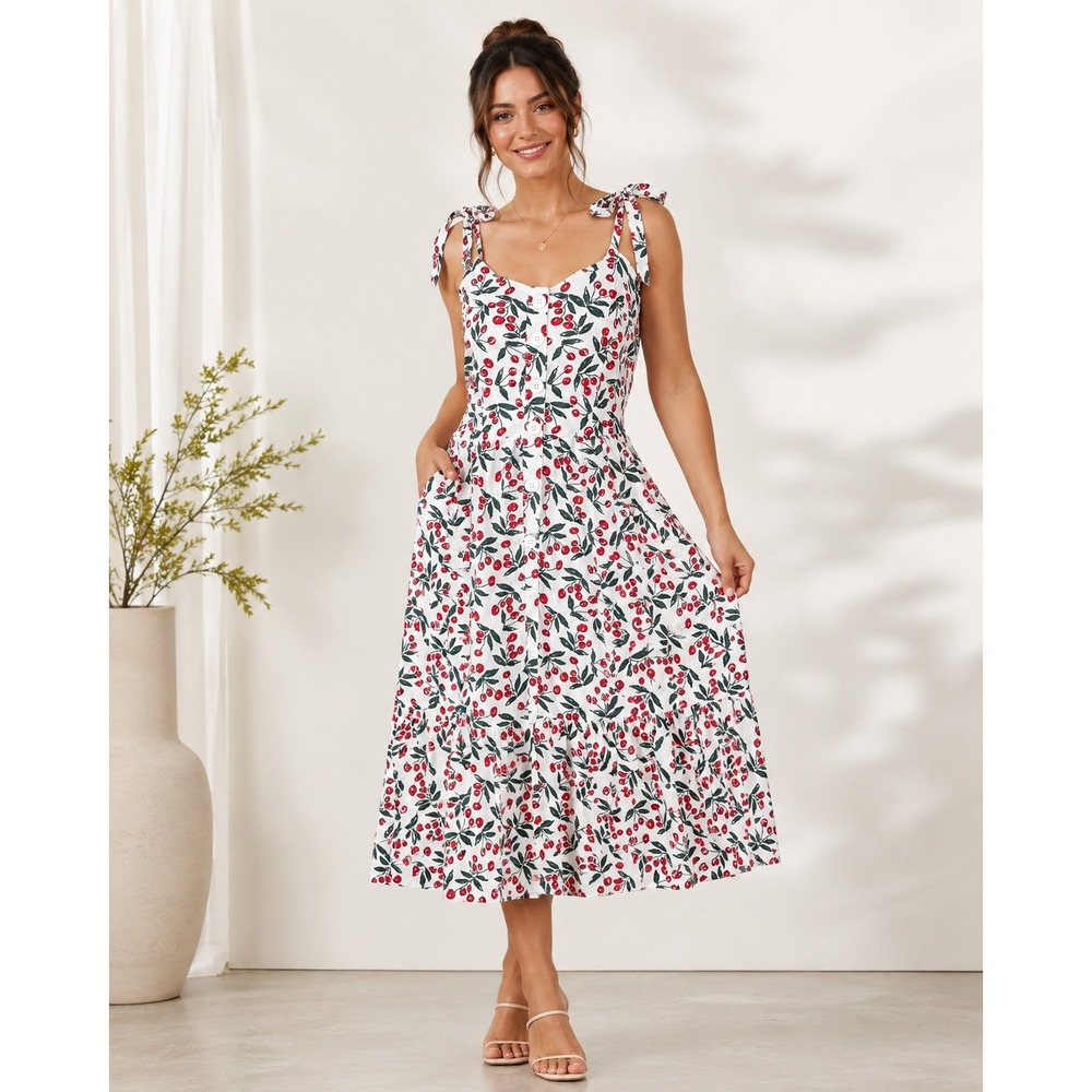 Melloday Womens XL Cherry Print Cotton Midi Dress Button Front Tie Strap White